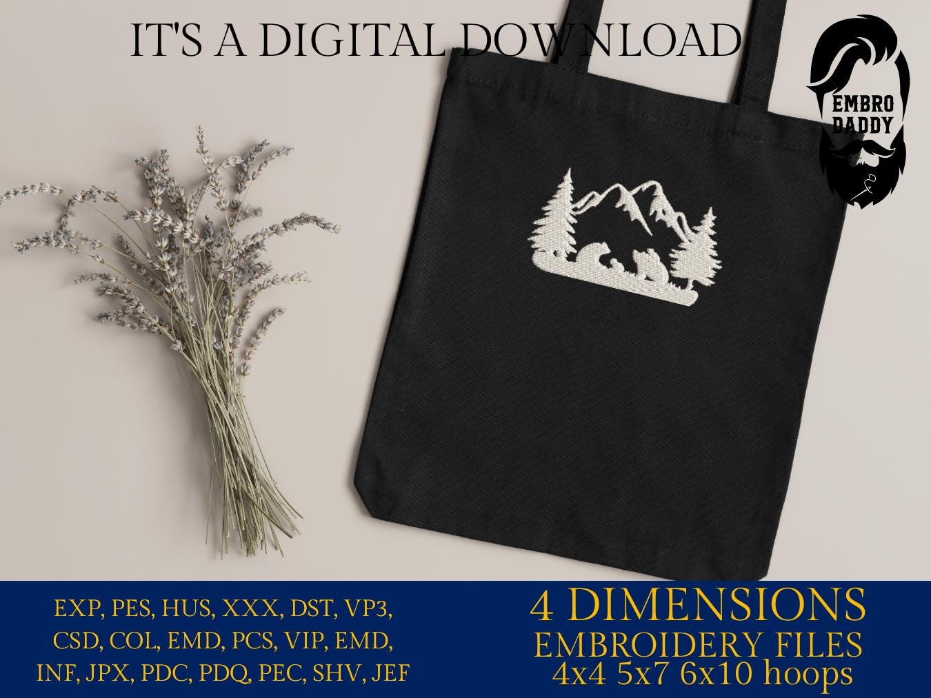 Machine Embroidery files, Bear family mountains landscape, PES, dst, xxx, hus & more