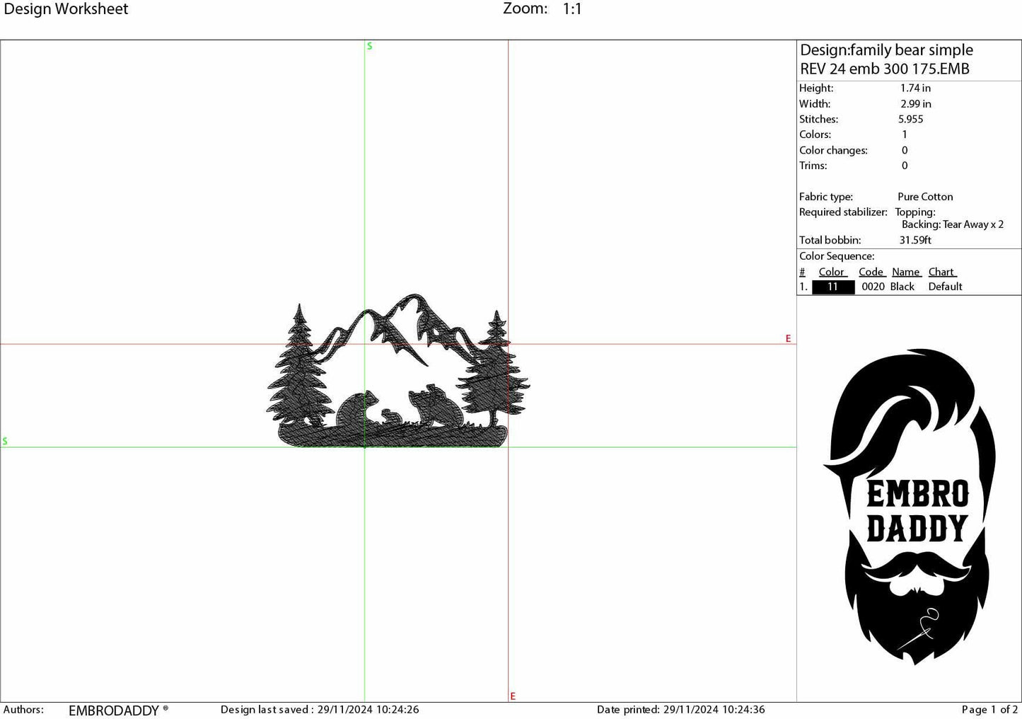 Machine Embroidery files, Bear family mountains landscape, PES, dst, xxx, hus & more