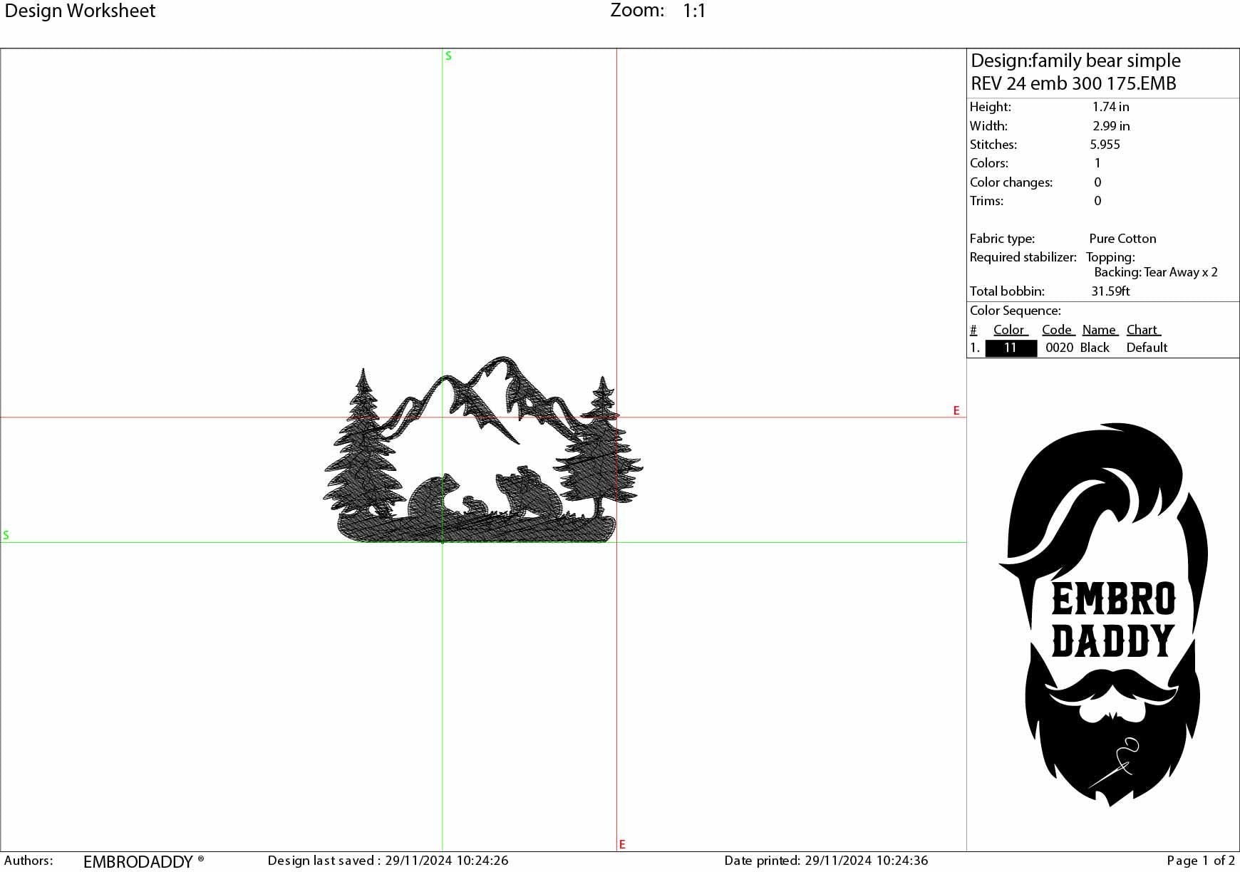 Machine Embroidery files, Bear family mountains landscape, PES, dst, xxx, hus & more