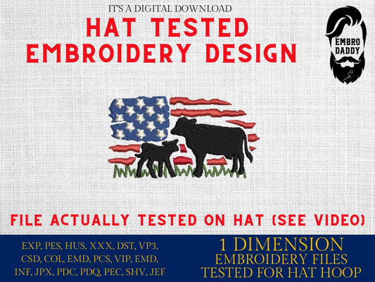 Machine Embroidery files, cow and calve, Usa Flag, embroidery file digitize for hat, American Flag PES, xxx hus & more