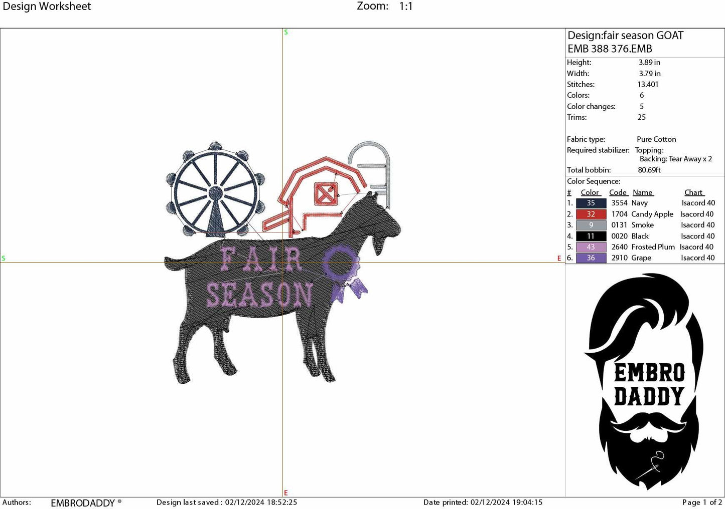 Machine Embroidery files, Fair Season, Show Livestock, Show goat, PES, dst, xxx hus & more