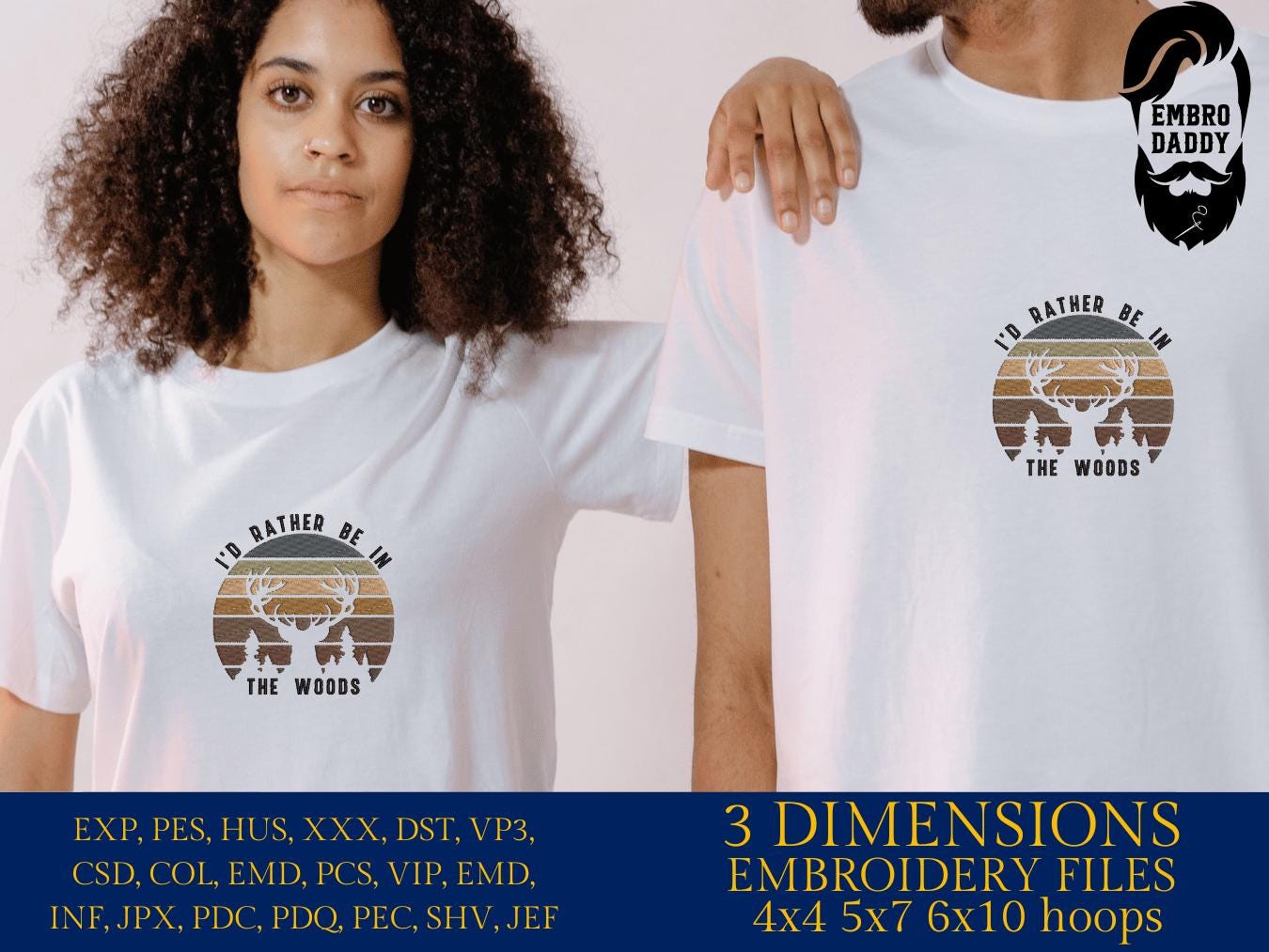 Machine Embroidery files, I'd rather be in the woods, deer antler mountain, nature Design landscape, PES, dst, xxx, hus & more