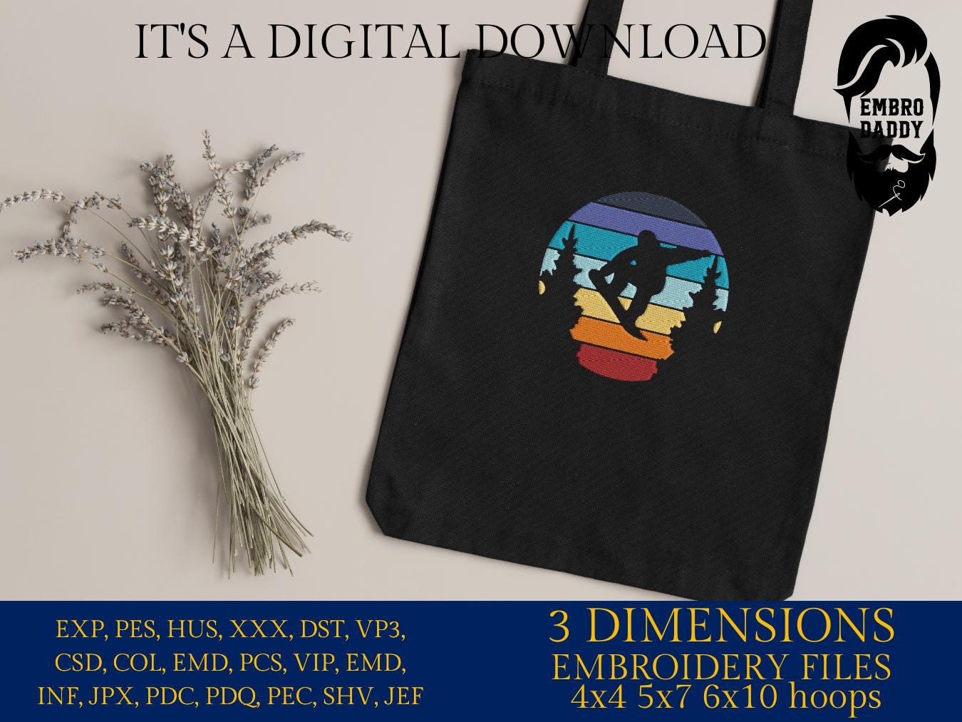 Machine Embroidery files, snowboarder sunset, PES, DST, xxx, hus & more