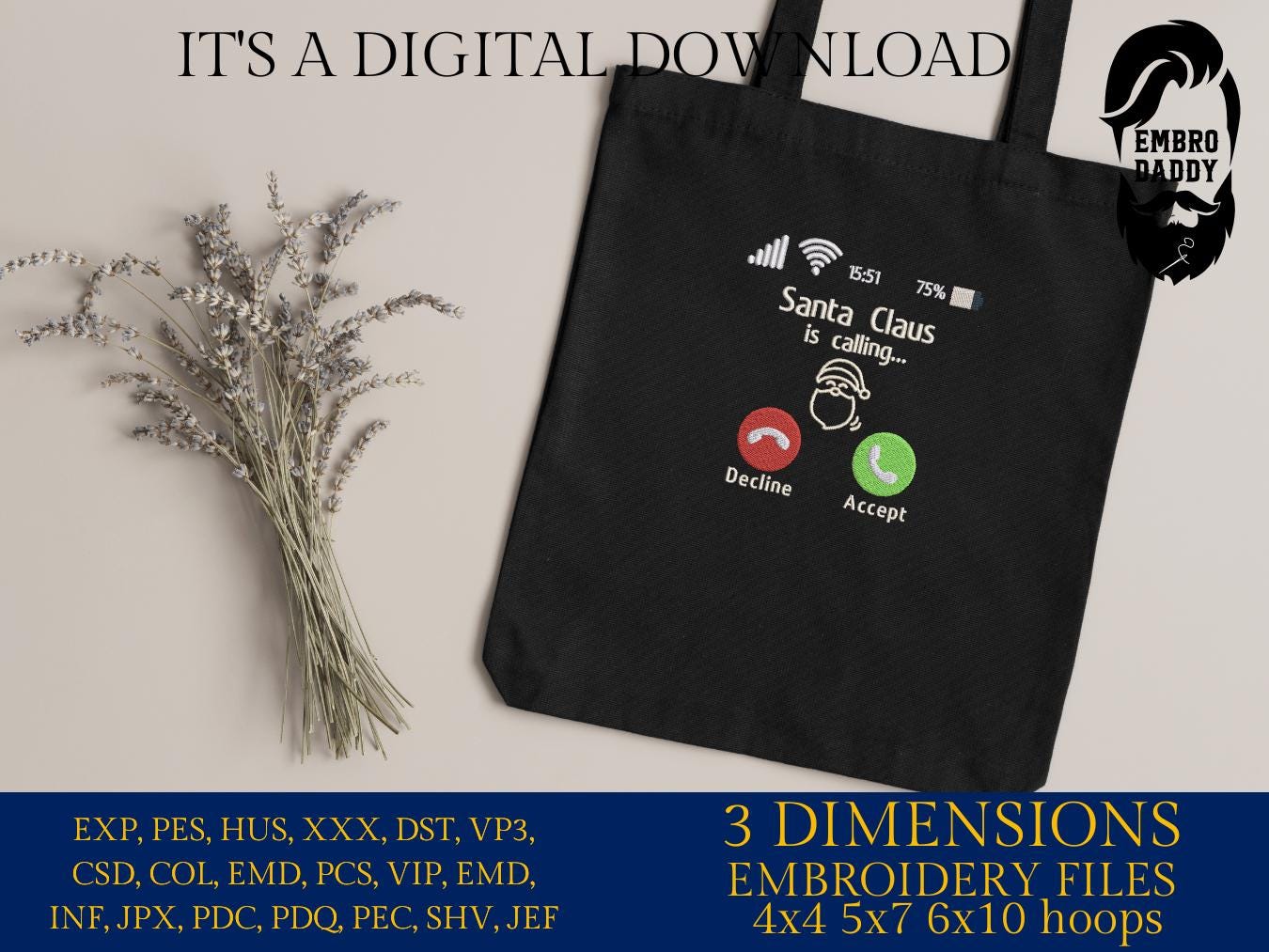 Machine Embroidery files, Incoming Call Santa Claus, Santa is Calling, PES, dst, xxx, hus & more