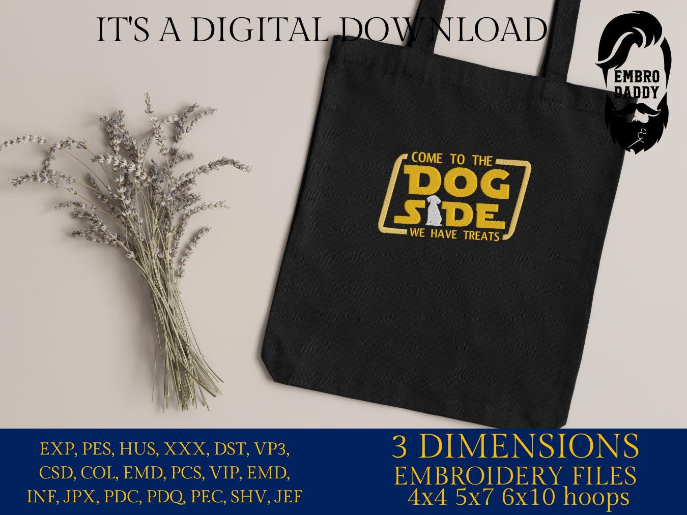 Machine Embroidery files, come to the dog side, funny, pes, dst, hus & more