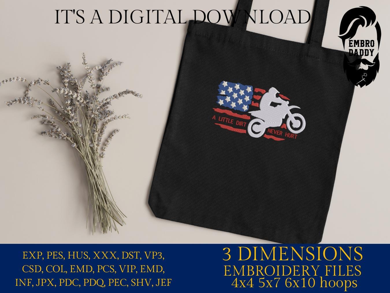 Machine Embroidery files, USA flag Motocross, a little dirt never hurt, dirtybike, DST, PES, xxx, hus & more