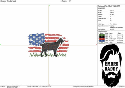 Machine Embroidery files, Goat, Usa Flag, PES, DST, xxx, hus & more