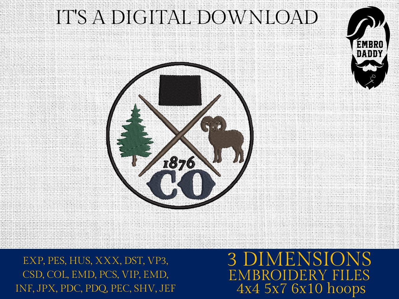 Machine Embroidery files, Colorado, est 1876, DST, PES, xxx hus & more