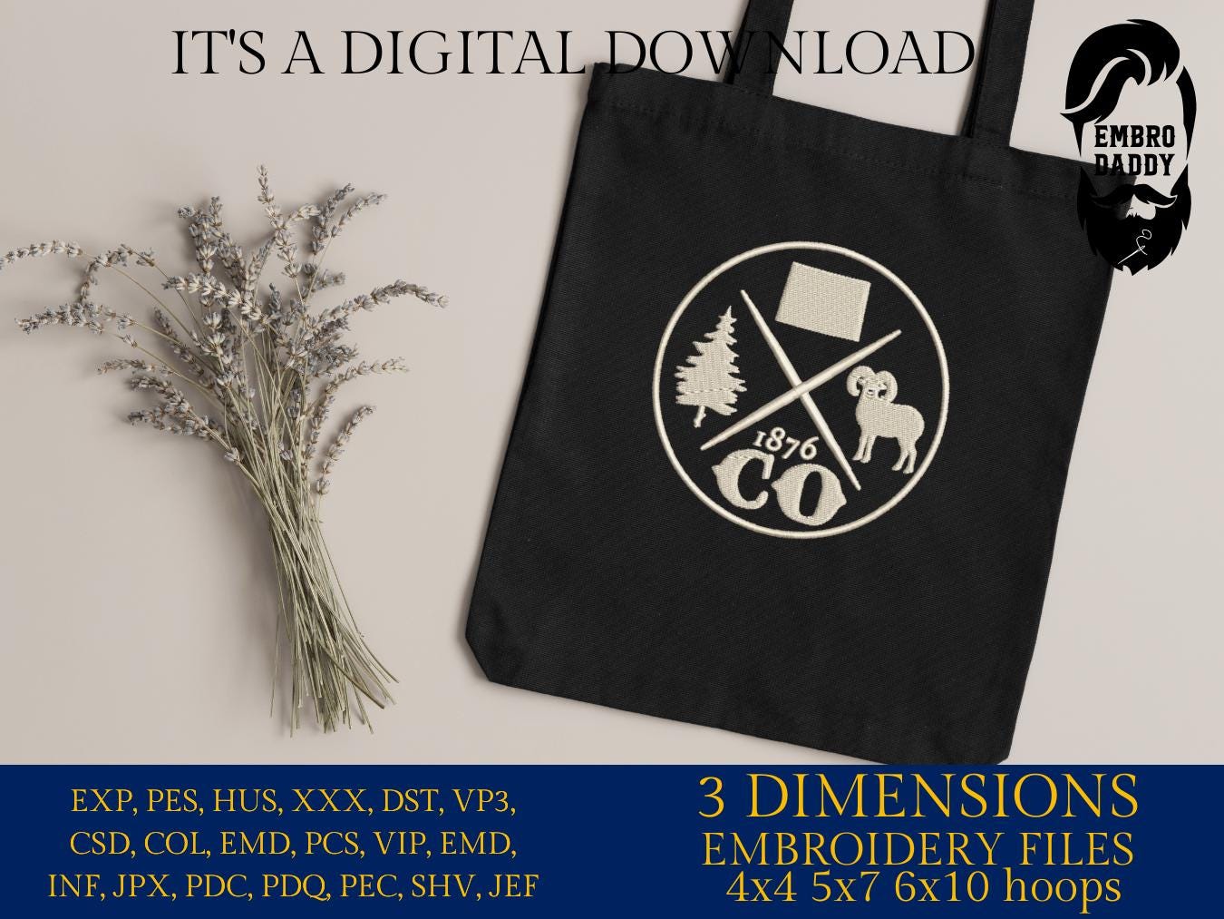 Machine Embroidery files, Colorado, est 1876, DST, PES, xxx hus & more