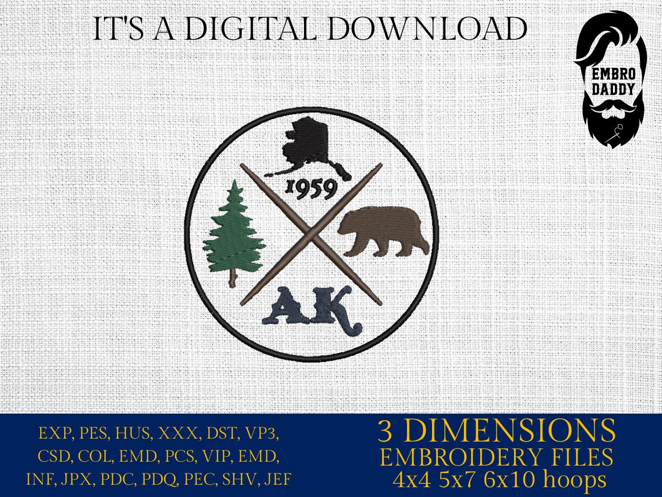 Machine Embroidery files, Alaska, est 1959, DST, PES, xxx hus & more