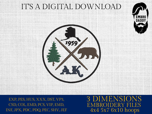Machine Embroidery files, Alaska, est 1959, DST, PES, xxx hus & more