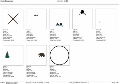 Machine Embroidery files, Alaska, est 1959, DST, PES, xxx hus & more