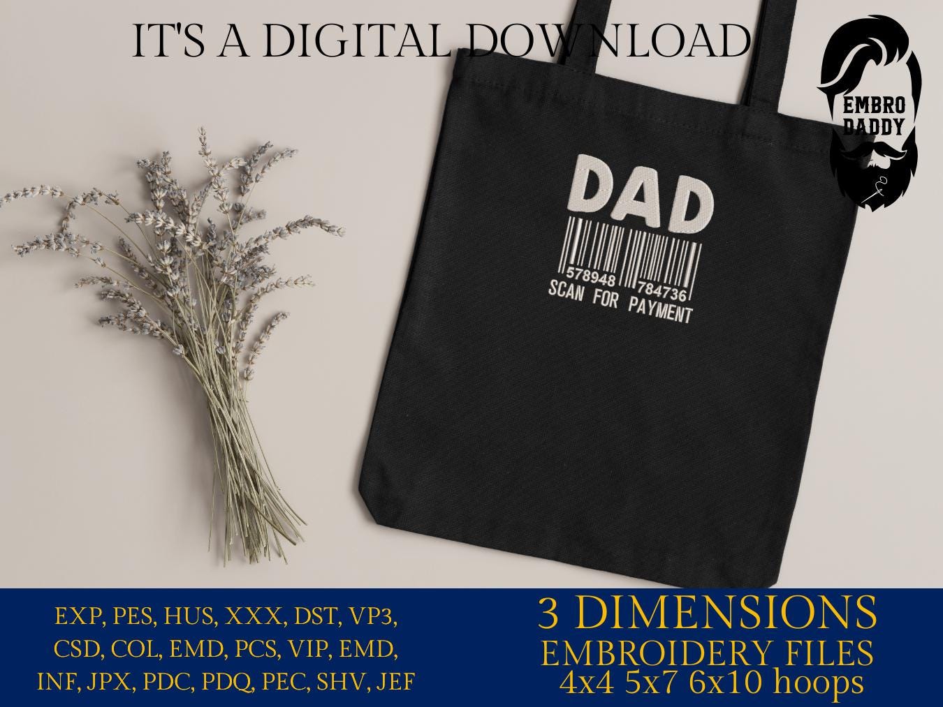 Machine embroidery files, DAD, scan for payment, PES, DST, hus & more