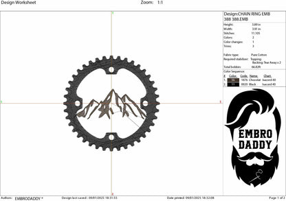 Machine Embroidery files, Chain ring with mountain, mountain bike, mtb, biker, cycling, mountain bike, downhill, PES, xxx, hus & more
