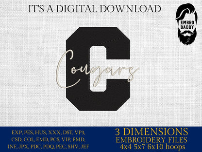 Machine Embroidery files, Cougars, Team Spirit, Cougars Logo, Mom Life, gift idea PES, xxx, hus & more, fan embroidery files