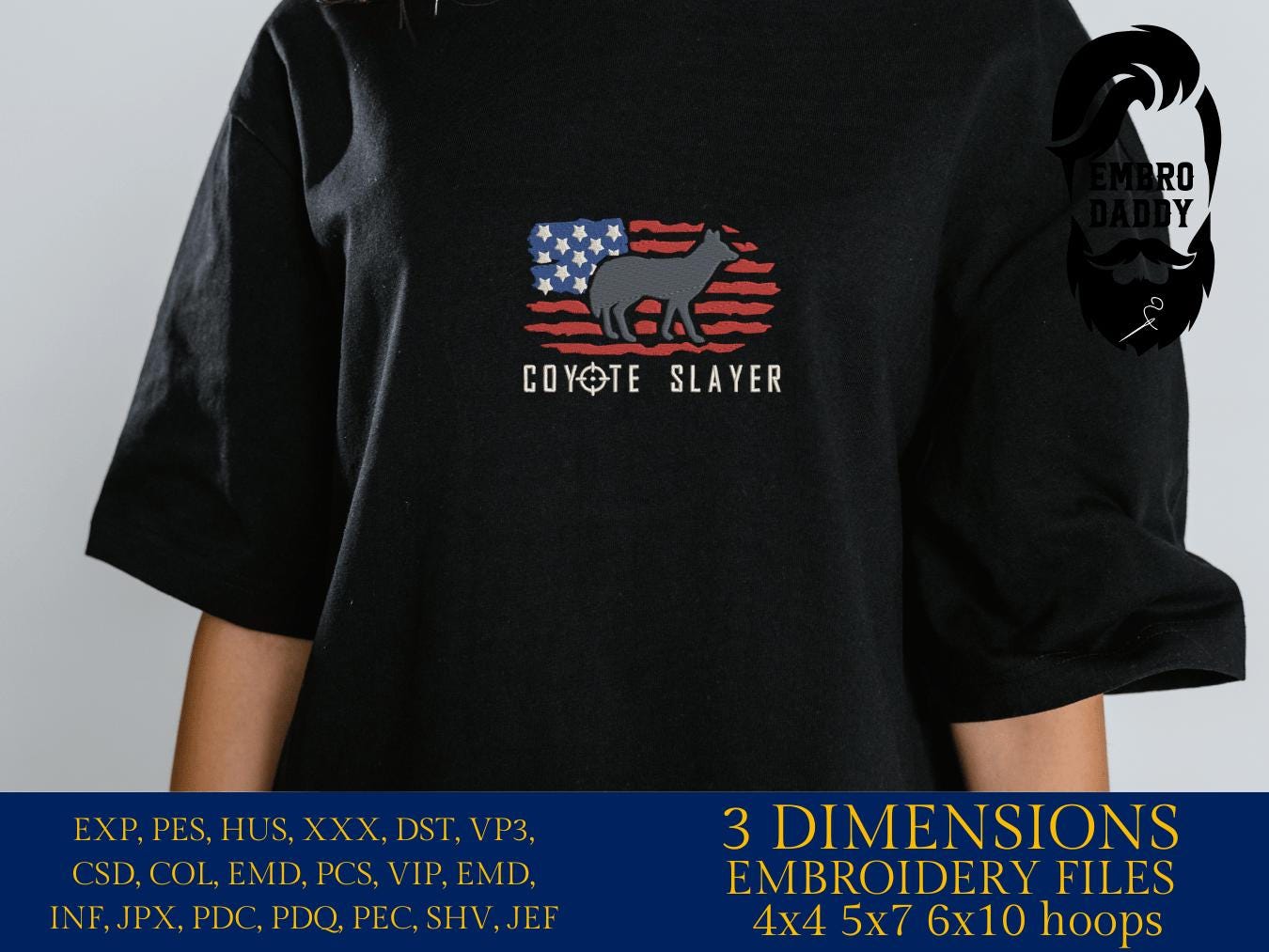 Machine Embroidery files, coyote slayer, USA Flag, PES, DST, xxx, hus & more