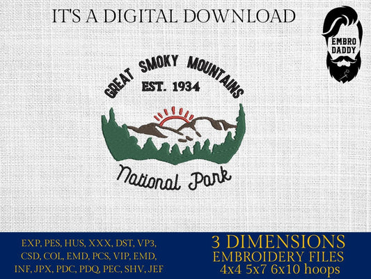 Machine embroidery files, Great Smoky Mountain National Park, Tennessee,Smoky Mountains, North Carolina, PES, DST, hus & more