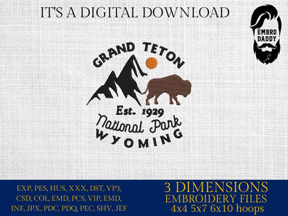 Machine embroidery files, Grand Teton National Park, Wyoming, PES, DST, hus & more