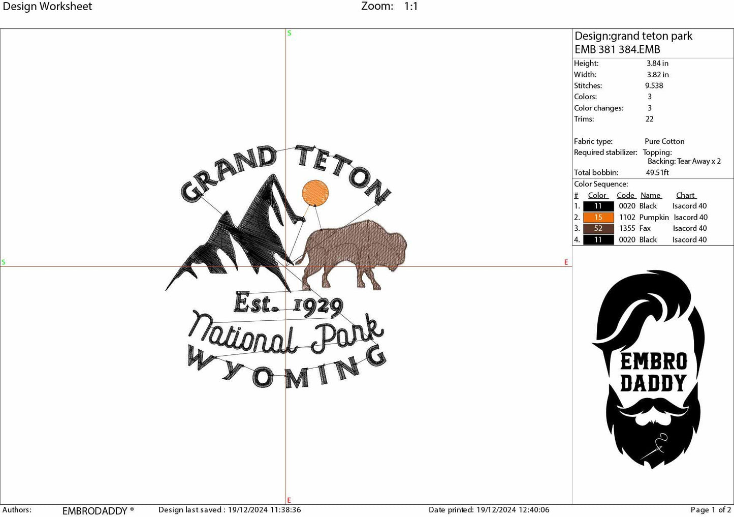 Machine embroidery files, Grand Teton National Park, Wyoming, PES, DST, hus & more