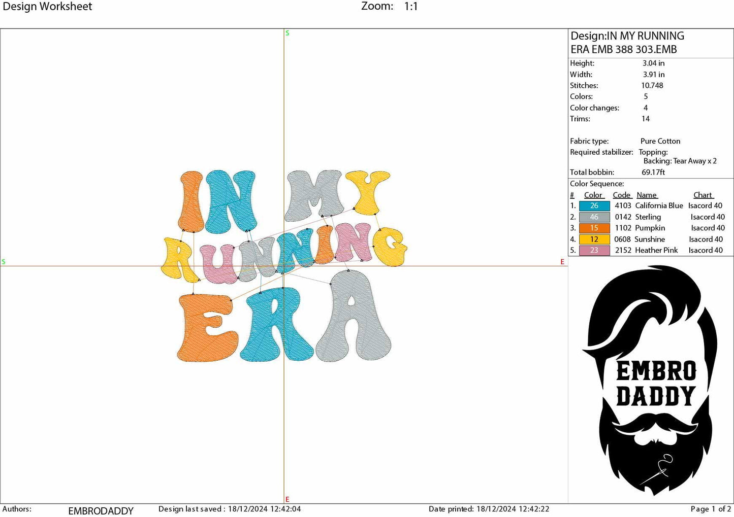 Machine embroidery files, In my running era, Embroidery Pattern File in PES, DST, hus & more