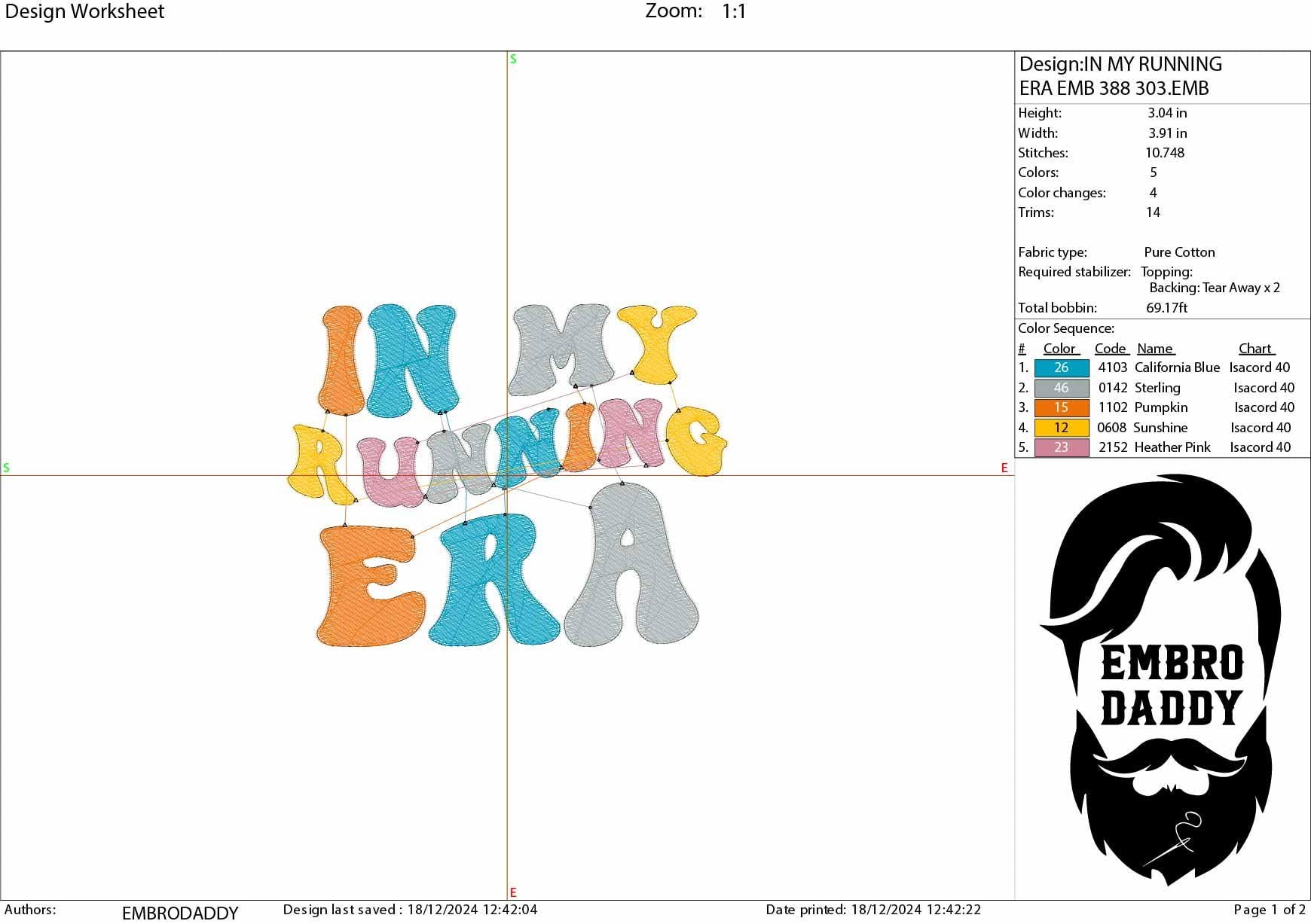 Machine embroidery files, In my running era, Embroidery Pattern File in PES, DST, hus & more