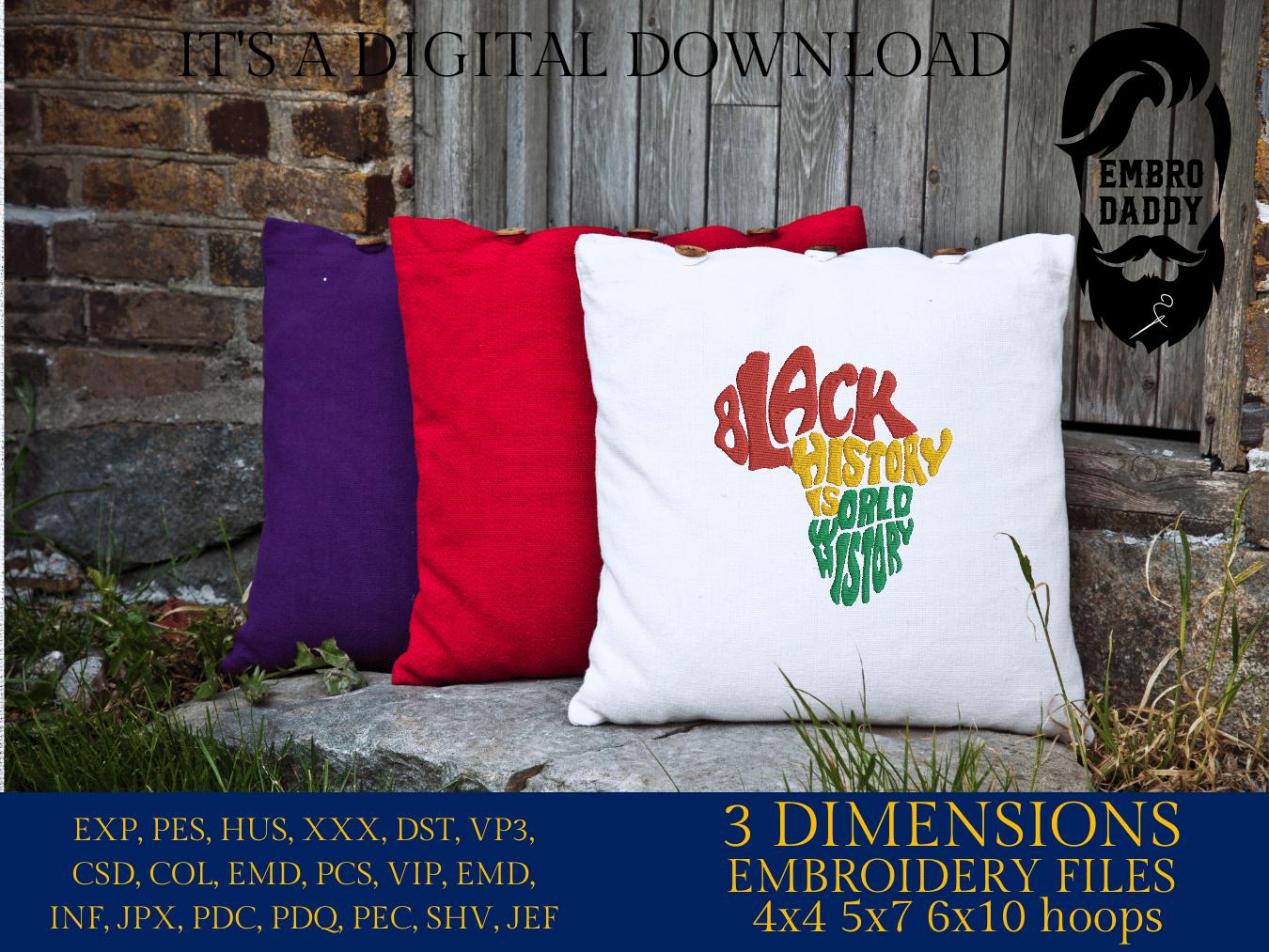 Machine Embroidery files, Black History is World History, PES, hus, dst, vp3 & more
