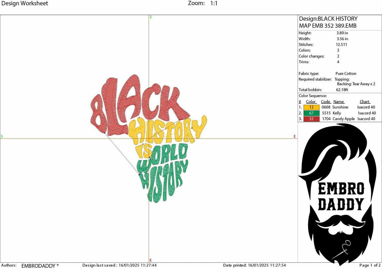 Machine Embroidery files, Black History is World History, PES, hus, dst, vp3 & more