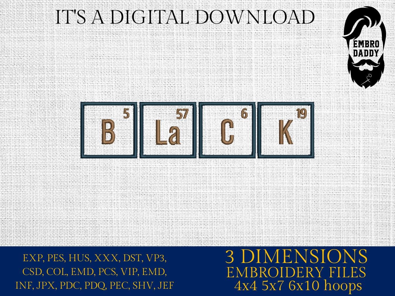 Machine Embroidery files, Black, Periodic Table, PES, dst, hus, dst, vp3 & more