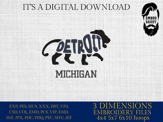 Machine Embroidery files, Lion, Detroit, Michigan, gift idea PES, dst, xxx, hus & more
