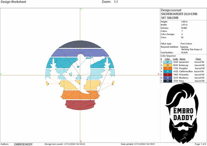 Machine Embroidery files, snowboarder sunset, PES, DST, xxx, hus & more