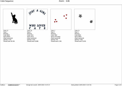 Machine Embroidery files, just a girl who loves cats, PES, DST, xxx, hus & more