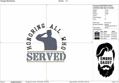 Machine Embroidery files, honoring all who served, veteran, gift idea PES, xxx, hus & more