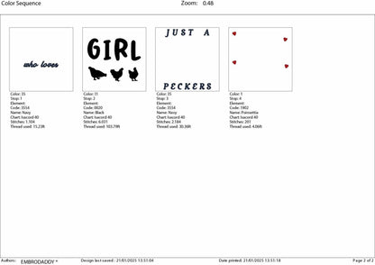 Machine Embroidery files, just a girl who loves peckers, PES, DST, xxx, hus & more