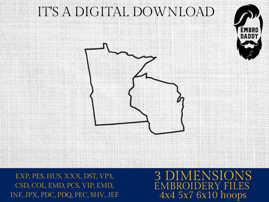 Machine Embroidery files, Minnesota, Wisconsin, silhouette, MN, WI, Minnesota Wisconsin Merge, Minnesota Outline dst, PES, xxx hus & more