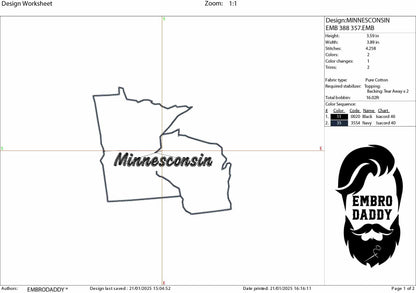 Machine Embroidery files, Minnesota, Wisconsin, silhouette, MN, WI, Minnesota Wisconsin Merge, Minnesota Outline dst, PES, xxx hus & more