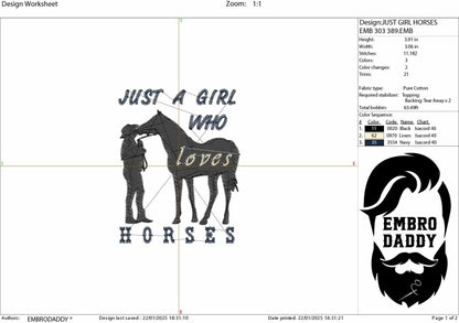 Machine Embroidery files, just a girl who loves horses, PES, DST, xxx, hus & more