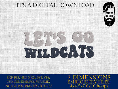 Machine Embroidery, let's go Wildcats, embroidery design, football gift idea PES, xxx, hus & more, fan embroidery files