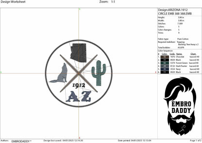 Machine Embroidery files, Arizona, est 1912, DST, PES, xxx hus & more