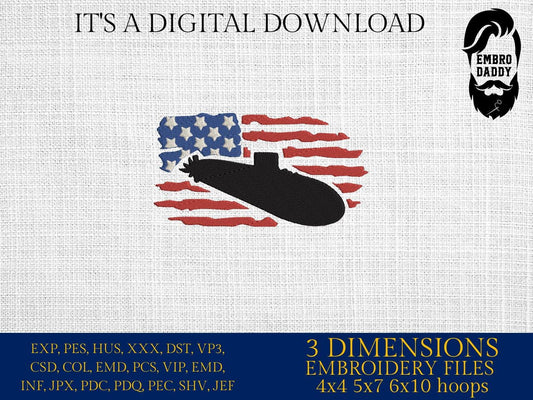 Machine Embroidery files, USA flag, Submarine, Navy, PES, xxx, dst, hus & more