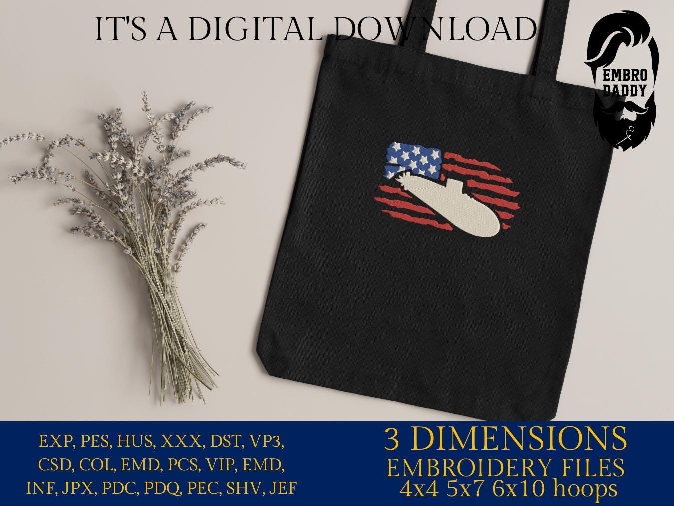 Machine Embroidery files, USA flag, Submarine, Navy, PES, xxx, dst, hus & more