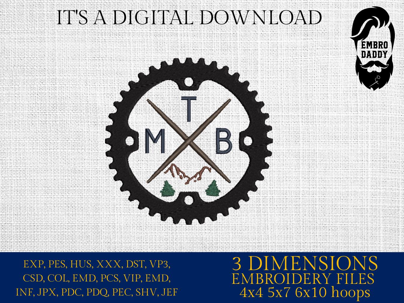 Machine Embroidery files, Chain ring with mountain, mountain bike, mtb, biker, cycling, mountain bike, downhill, PES, xxx, hus & more