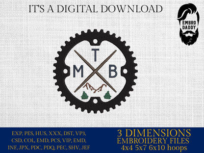 Machine Embroidery files, Chain ring with mountain, mountain bike, mtb, biker, cycling, mountain bike, downhill, PES, xxx, hus & more