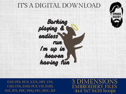 Machine Embroidery files, Dog Memorial, In loving memory, Angel wings, Pet Memorial, Pet Loss, Dog Loss, Pet in heaven, pes, hus & more