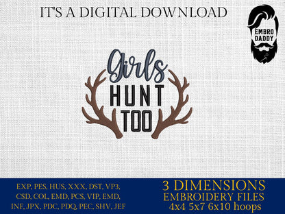 Machine Embroidery files, Girls hunt too, PES, DST, xxx, hus and more