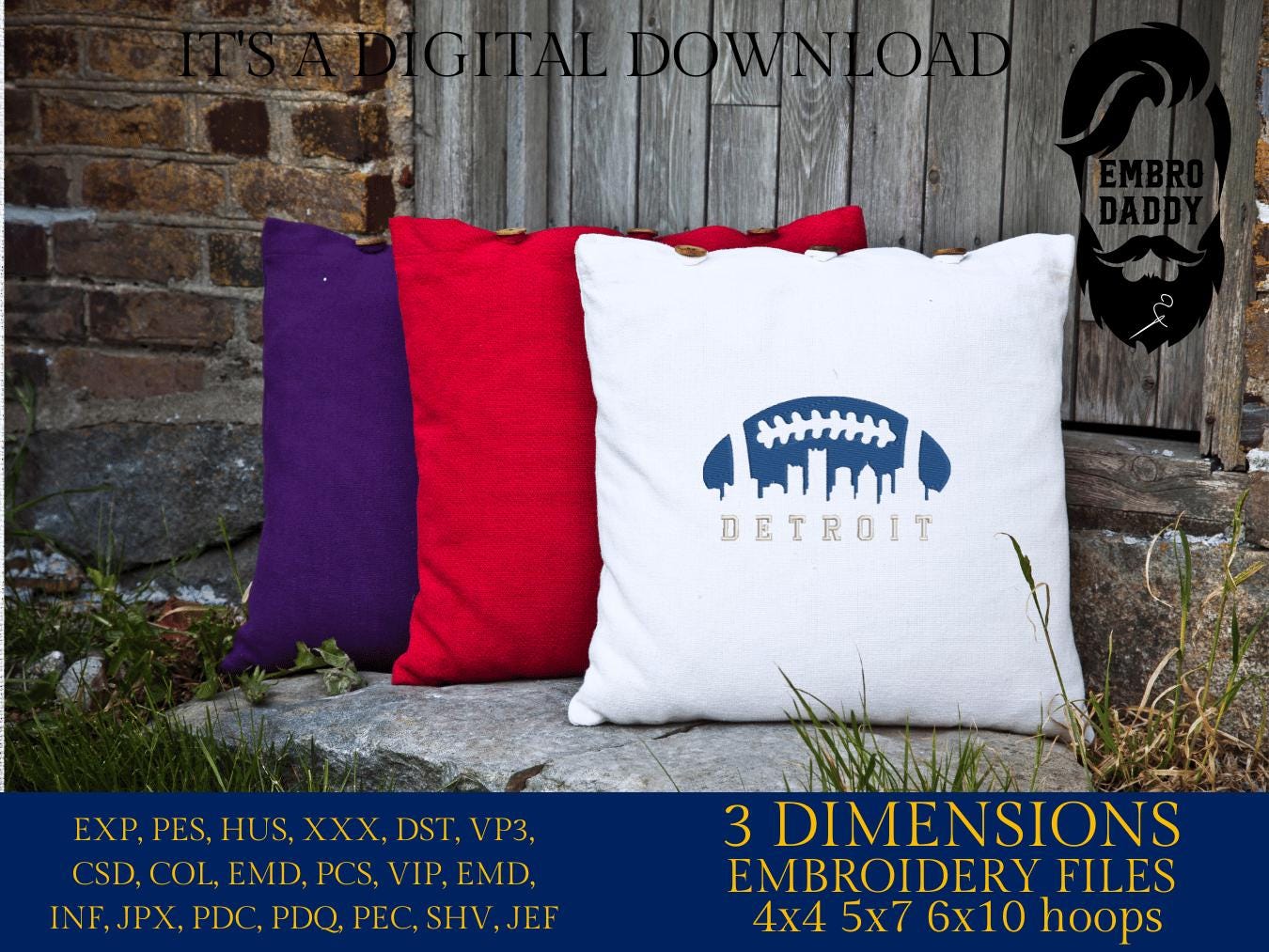 Machine Embroidery files, Detroit City skyline, football gift idea PES, dst, xxx, hus & more