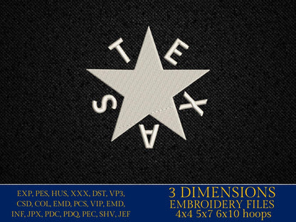 Machine Embroidery files, De Zavala Texas Star, Republic of Texas PES, DST, xxx, hus & more