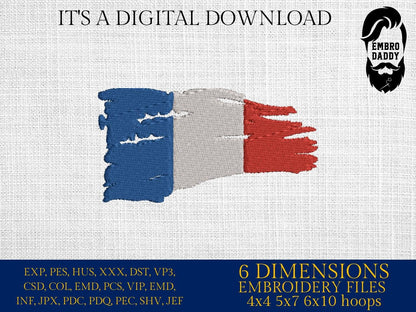 Machine Embroidery, French flag distressed 6 sizes, France lover, France embroidery files, gift idea PES, xxx, hus & more