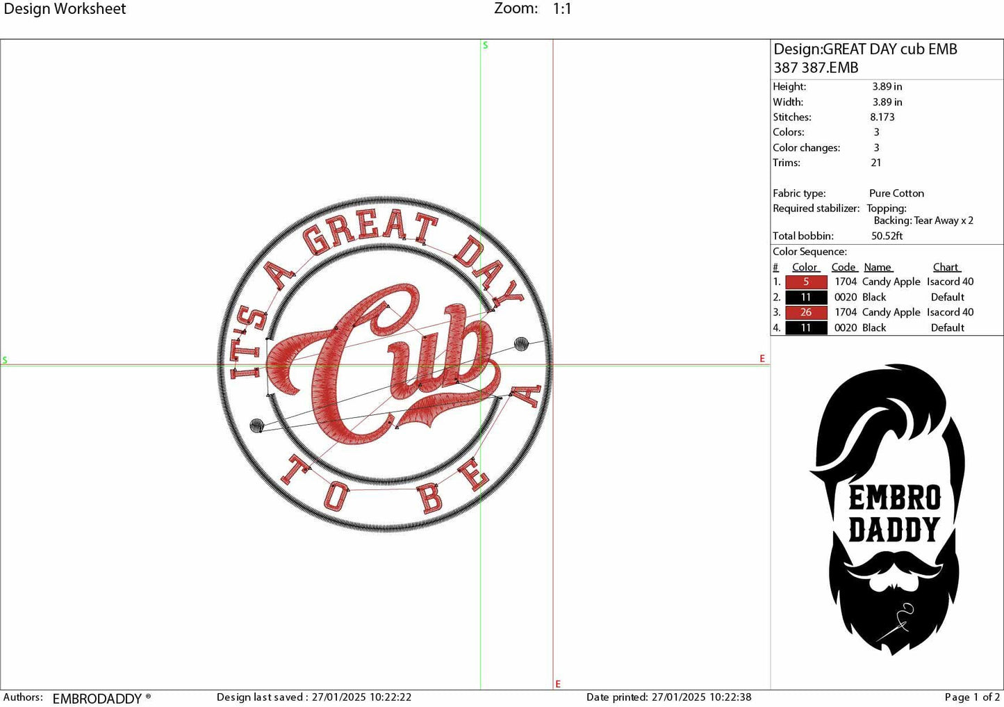 Machine Embroidery files, It's a Great Day To Be A Cub, PES, xxx, hus & more, embroidery files