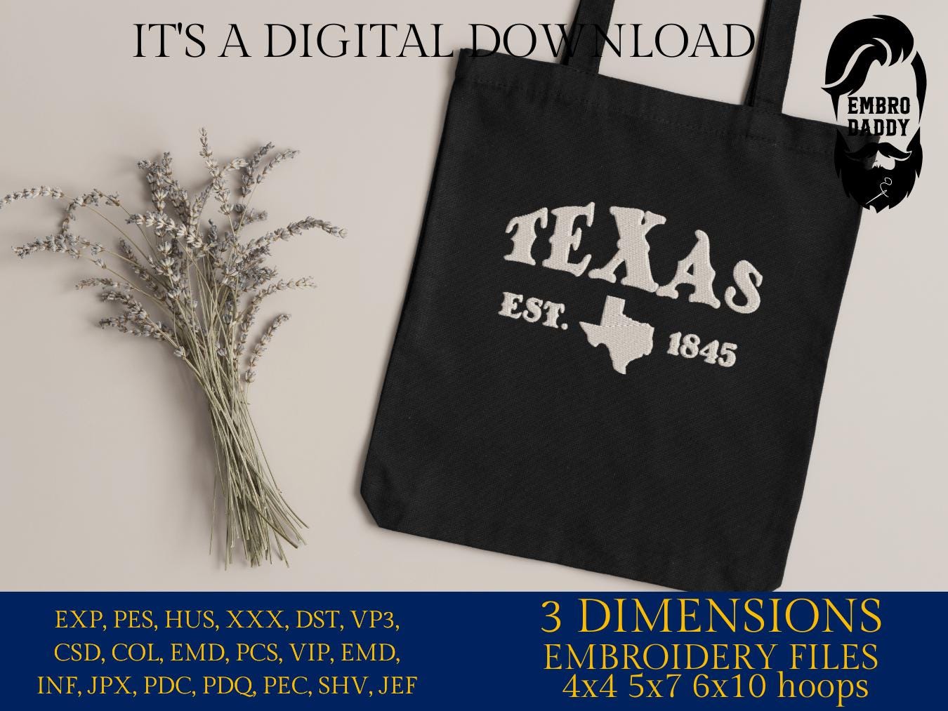 Machine Embroidery files, Texas est 1845, PES, DST, xxx, hus & more