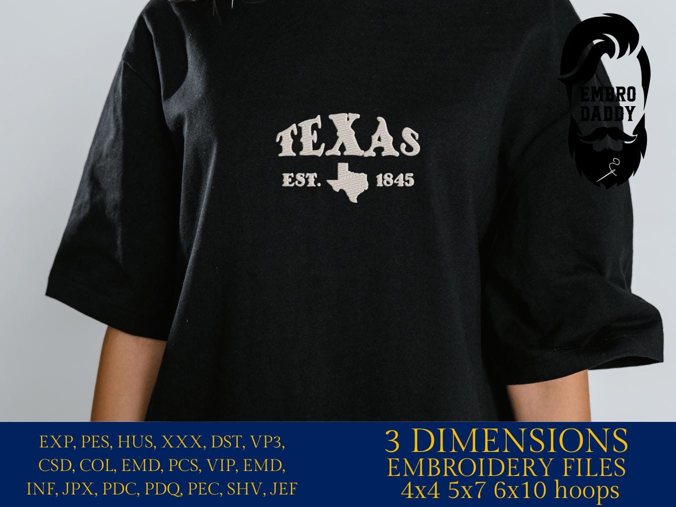 Machine Embroidery files, Texas est 1845, PES, DST, xxx, hus & more